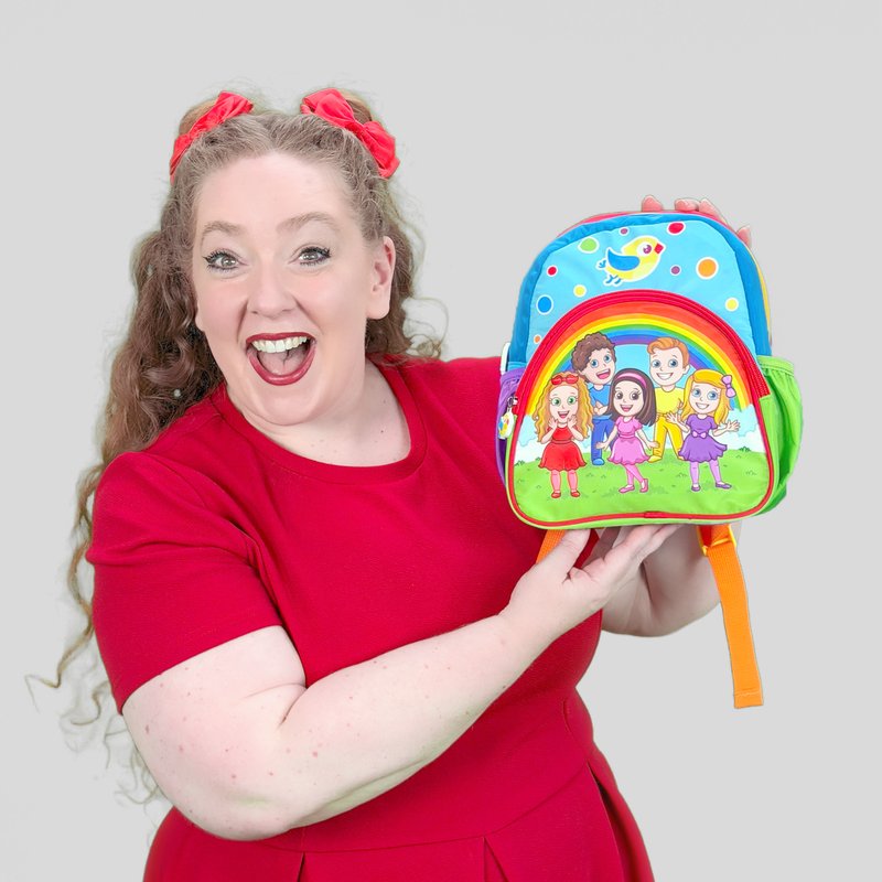 Jacinta holding the Bounce Patrol toddler backpack