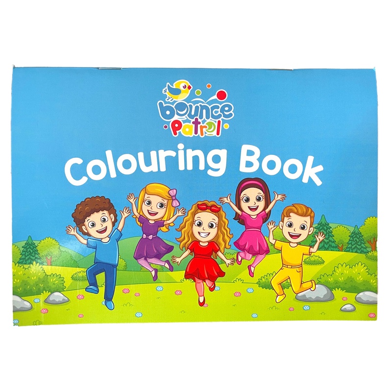 The printed Bounce Patrol colouring book, the cast jumping on its cover