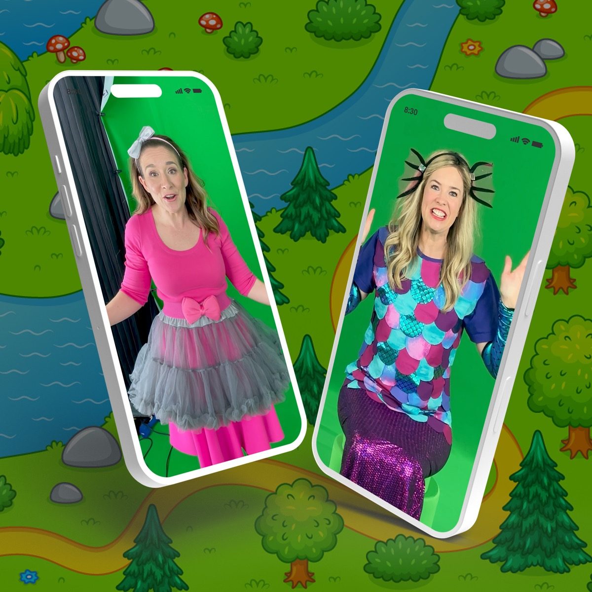Two phones showing Bounce Patrol performers recording a video message